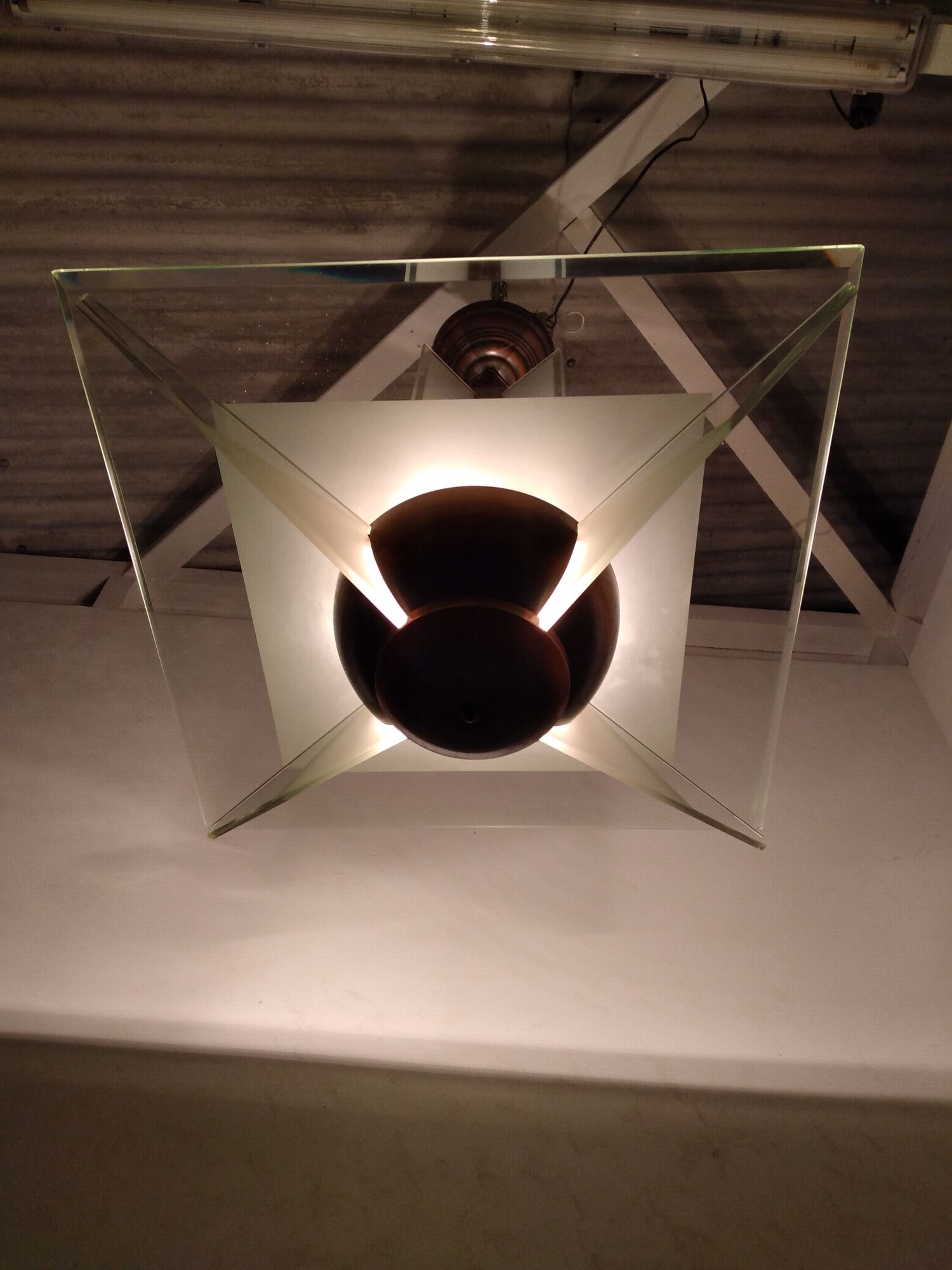 Modernist art deco chandelier/pendant lamp in glass and metal