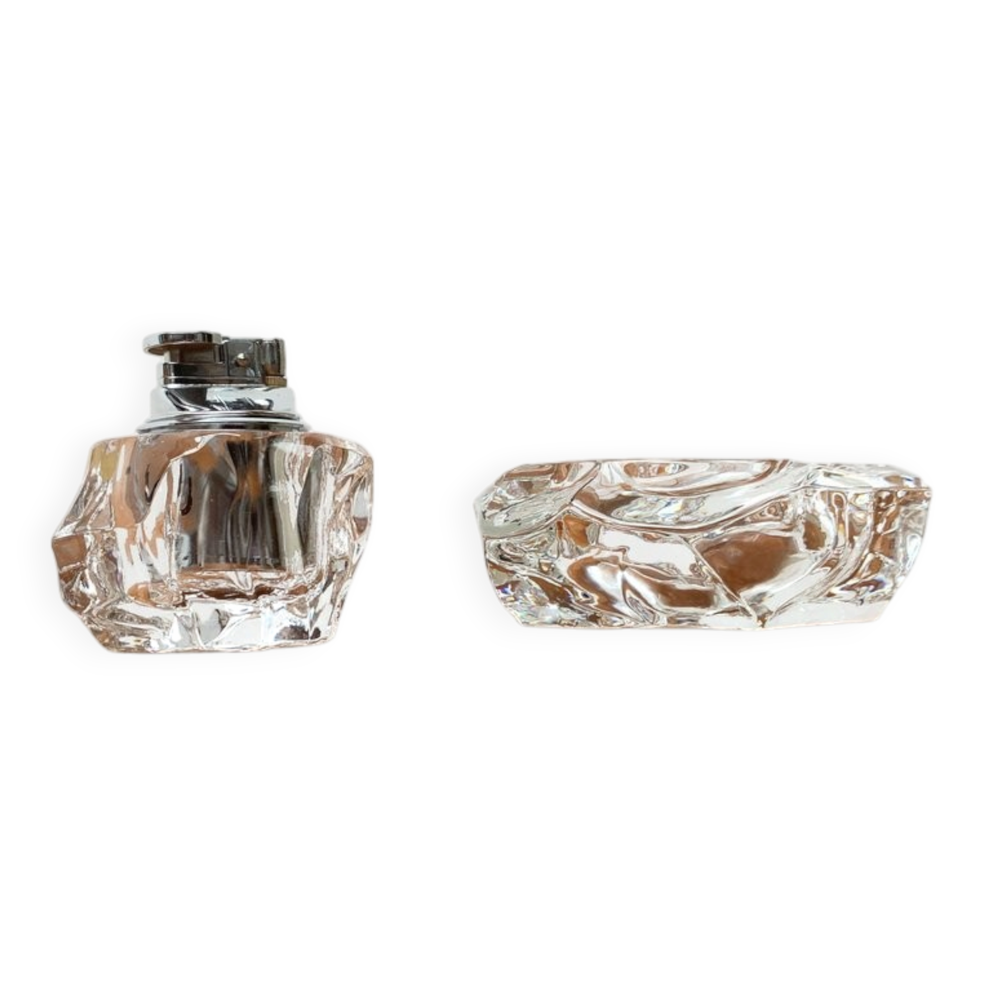 Mid-century Scandinavian heavy frosted glass table and ashtray, 1960s, set of 2.