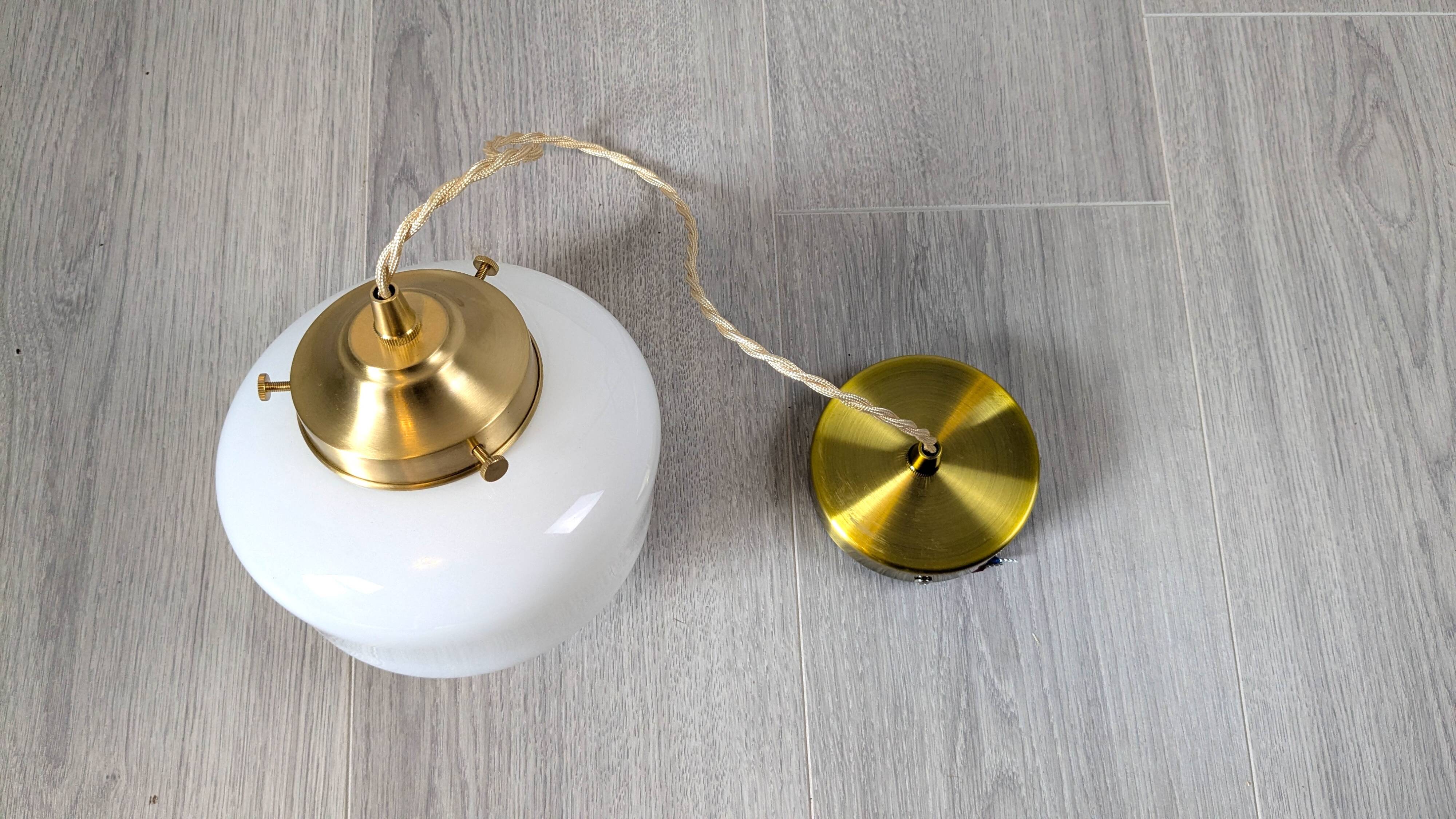 Antique opaline and brass pendant light – vintage globe 15 cm
