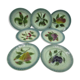 7 assiettes anciennes barbotine aux fruits