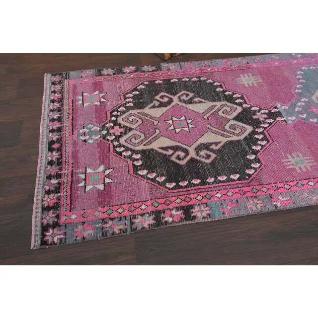 1970s Turkish Hand-Knotted Wool Cotton Purple Runner Rug 102x373