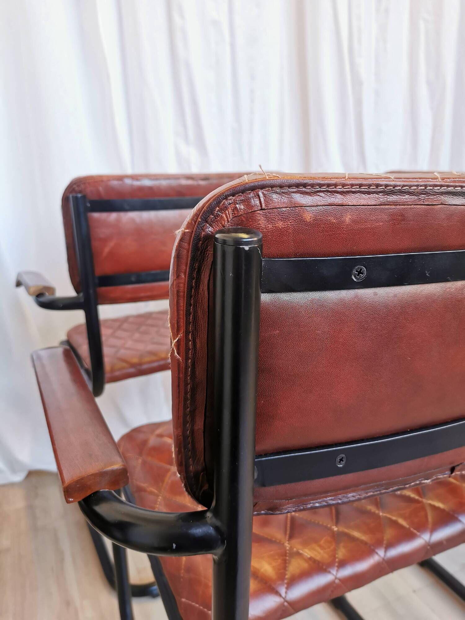 Set of 6 Vintage Cognac Leather Dining Chairs: Quilted Industrial Armchair