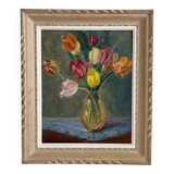 Tableau peinture ancienne huile sur panneau bouquet de fleurs tulipes