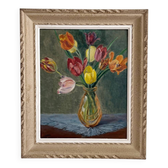 Tableau peinture ancienne huile sur panneau bouquet de fleurs tulipes