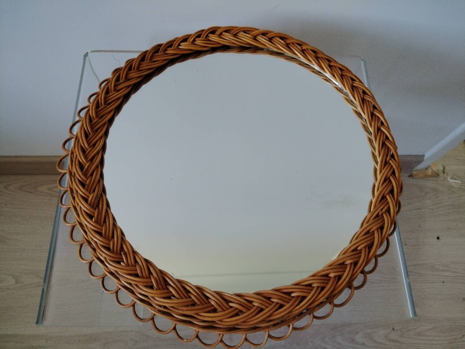 Pretty Soleil rattan mirror, 1950s