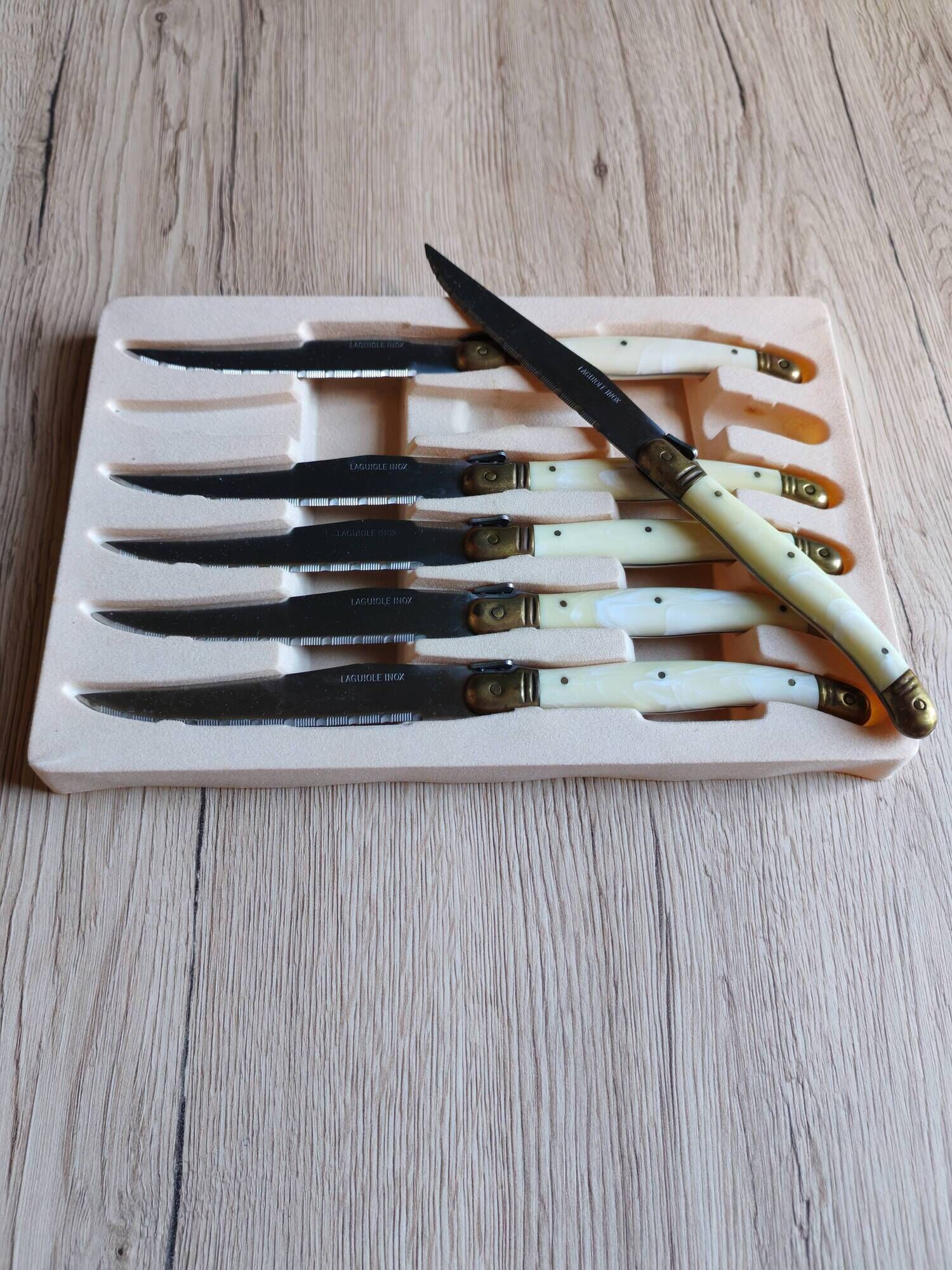 Vintage Box 6 Laguiole Table Knives Ivory Handles Gold Bolsters