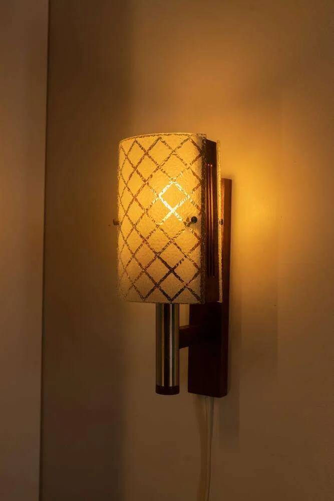 Vintage 1960s wall light, milk glass and bohemian teak.
