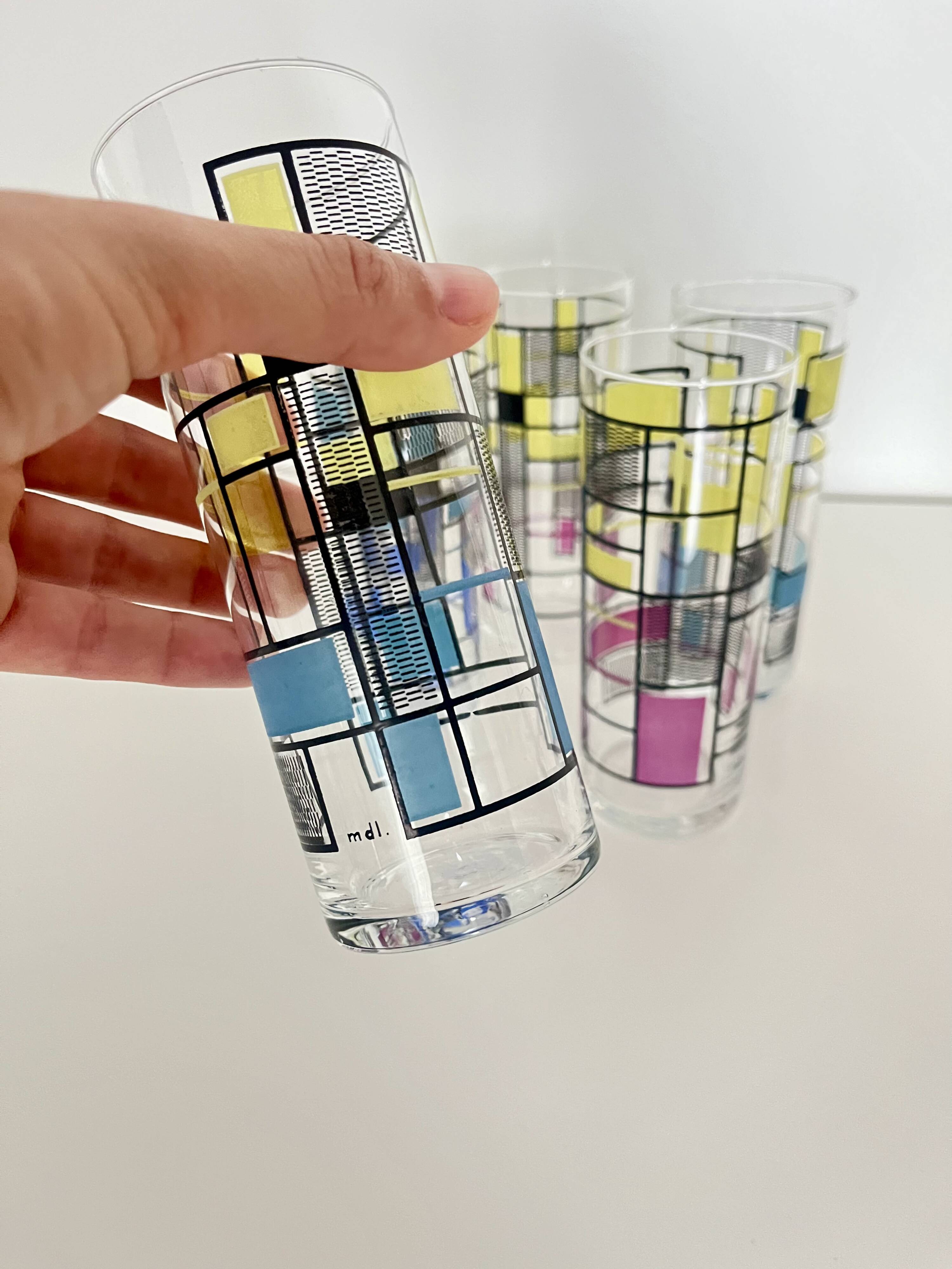 Set of 6 Vintage Hand-Painted Tall Glasses, USA 1950s-60s