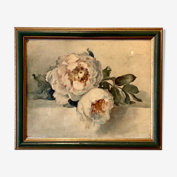 Tableau ancien, nature morte aux roses, XX siècle