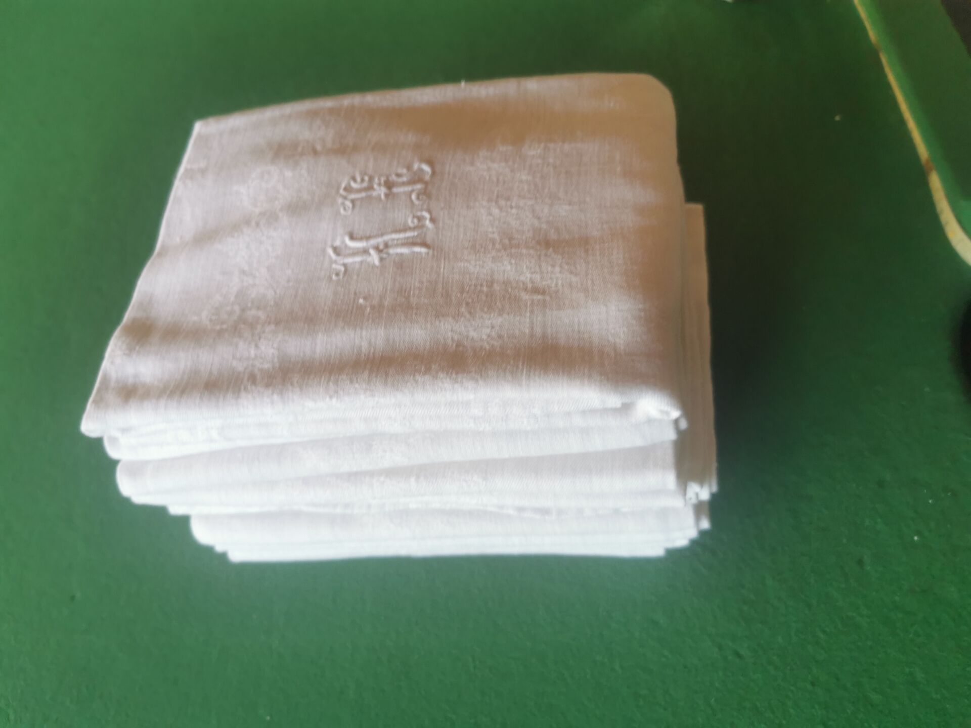 12 old damask linen napkins with monogram, 60x74 cm