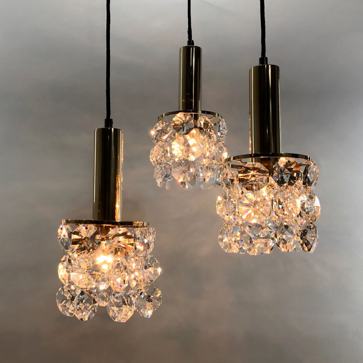 Palwa Golden brass and crystal chandelier, 1960 design