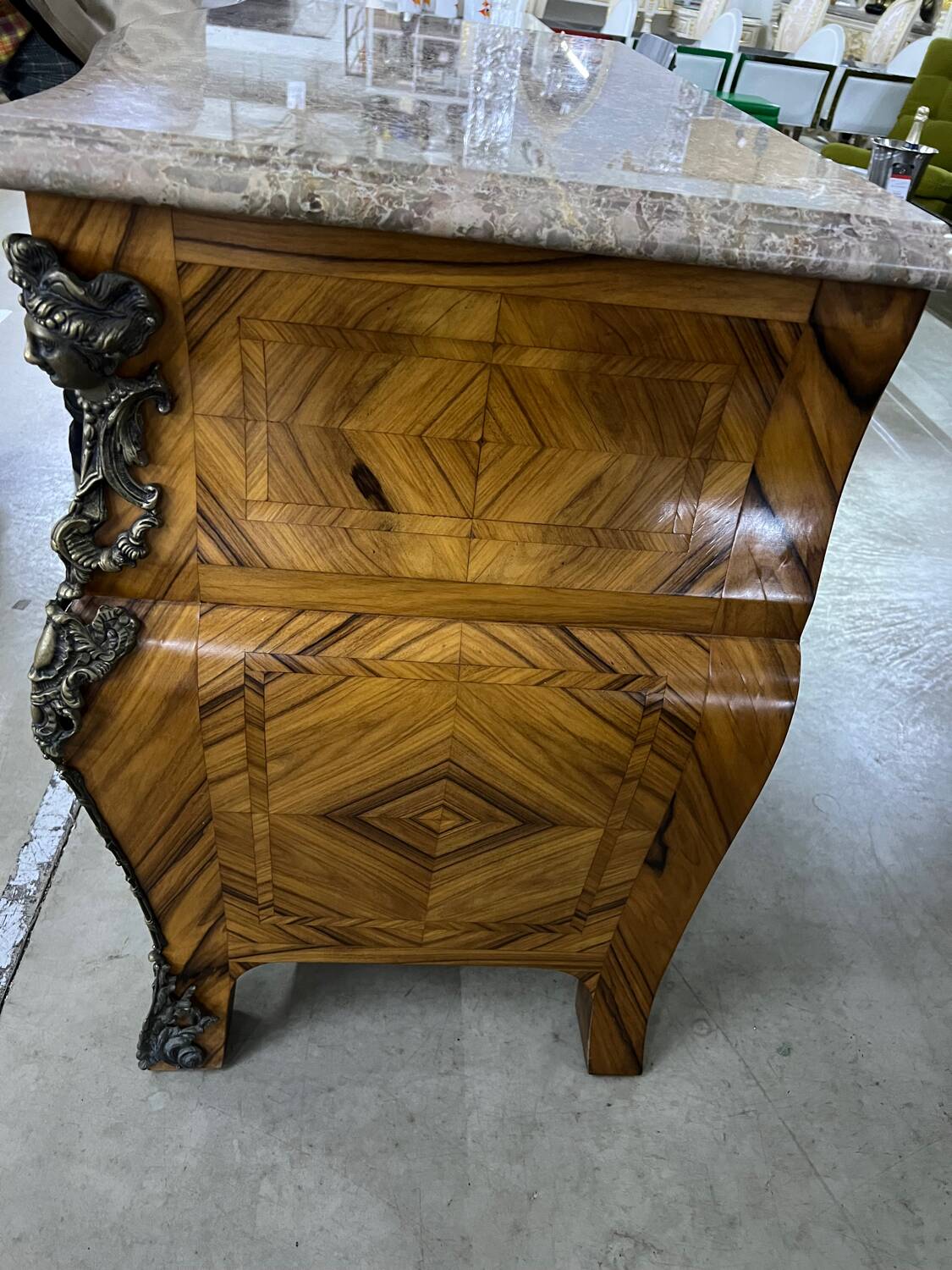 Louis XV style tomb chest of drawers in marquetry and marble