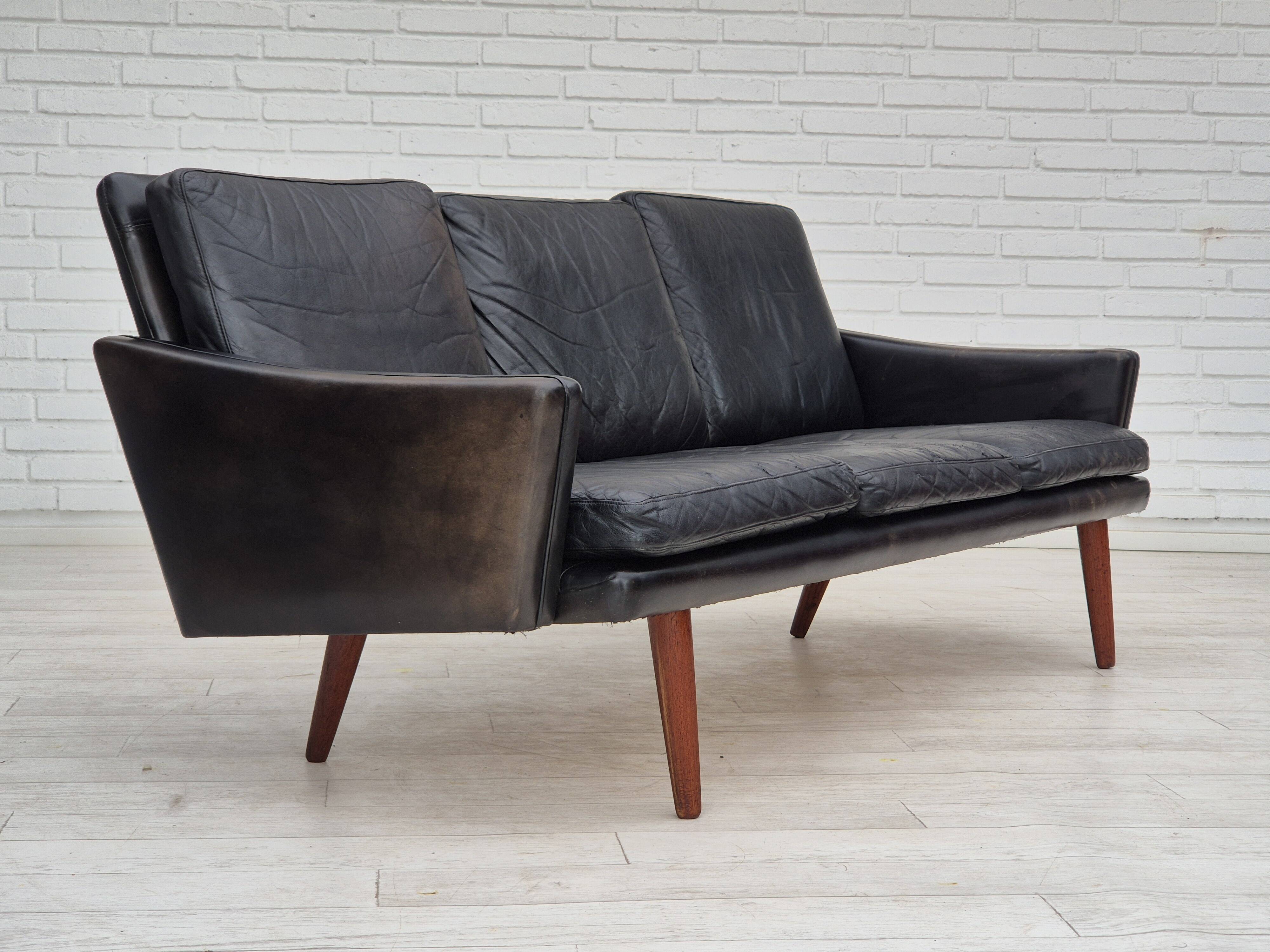 1970s, Danish design, 3 seater sofa, original condition, leather, teak wood.
