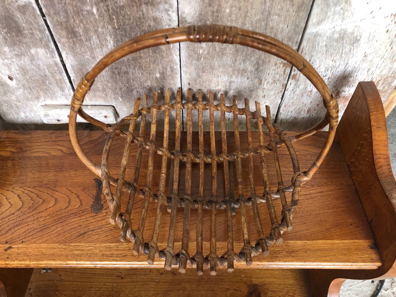 Old rattan picking basket vintage wood garden