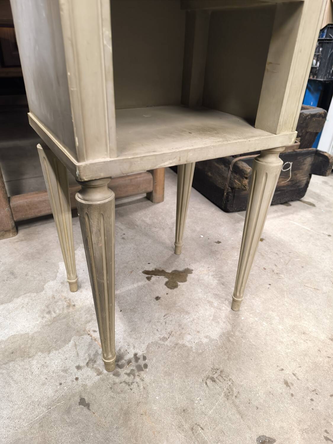 Vintage green patinated bedside table with marble and drawer