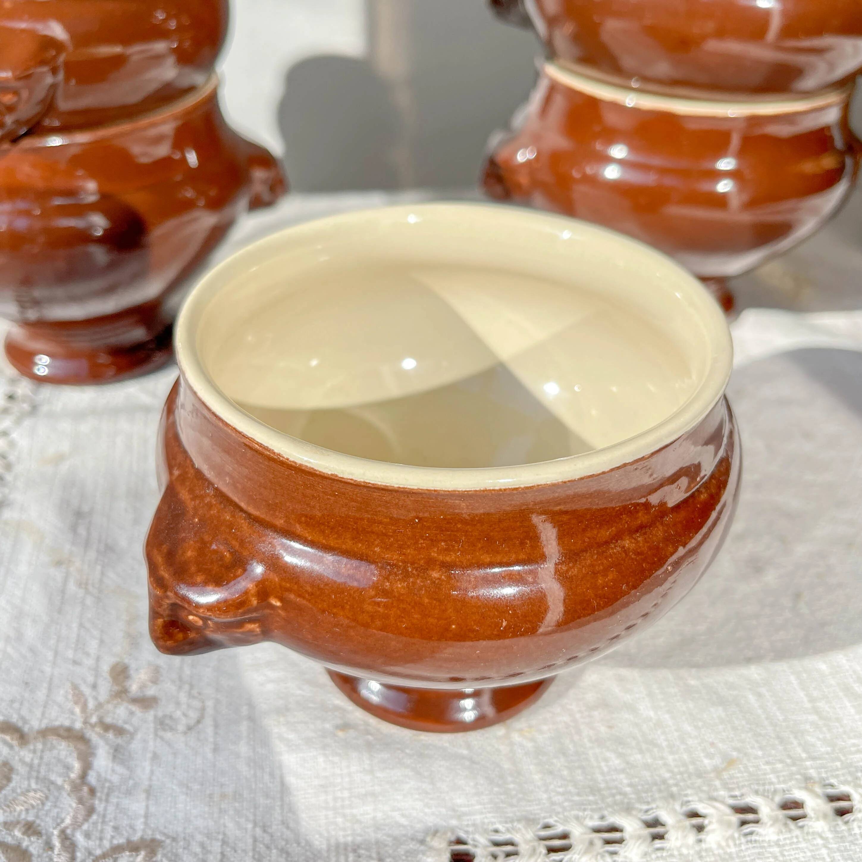 7 vintage Emile Henry ceramic lion head onion soup bowls - brown, made in France