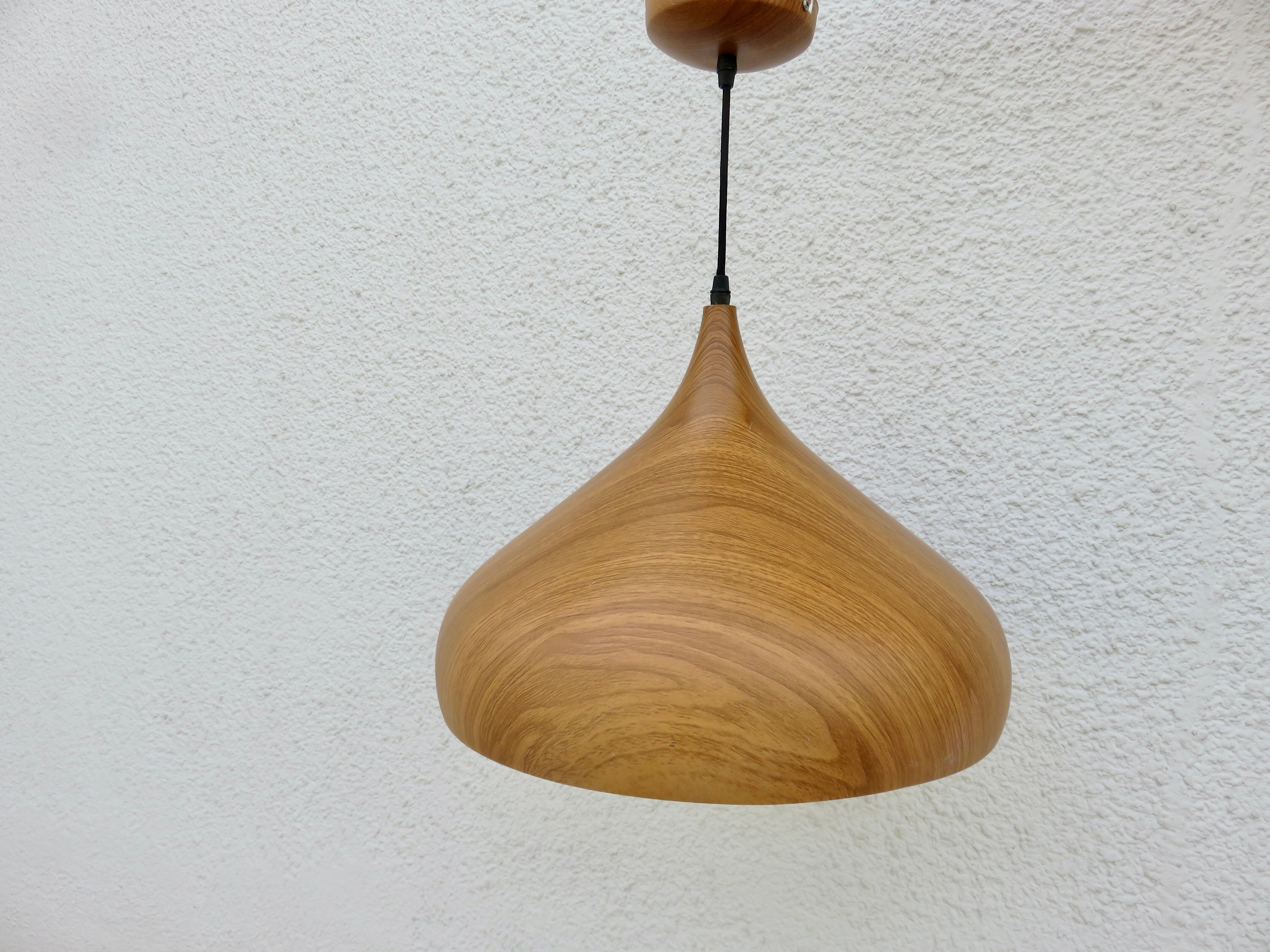 Scandinavian metal pendant light with a faux wood finish, 1980s.