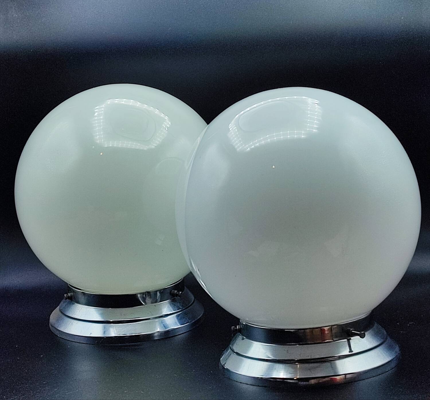 Pair of art deco opaline ceiling ball lamps