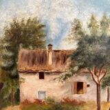 Old oil painting on cardboard landscape with house signed