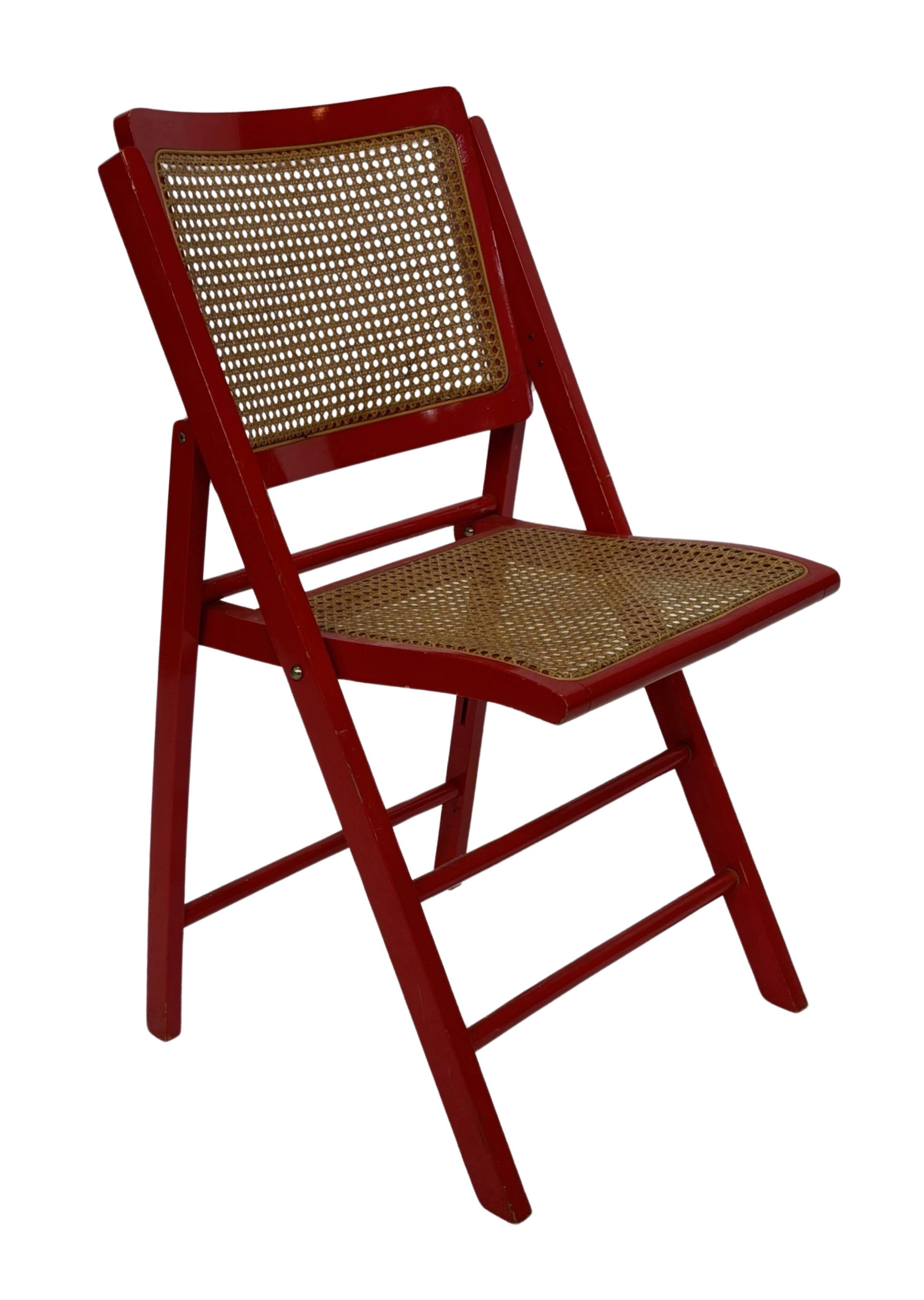 Vintage  Mid-Century Woven Cane Folding Chair  1960s in red cesca style