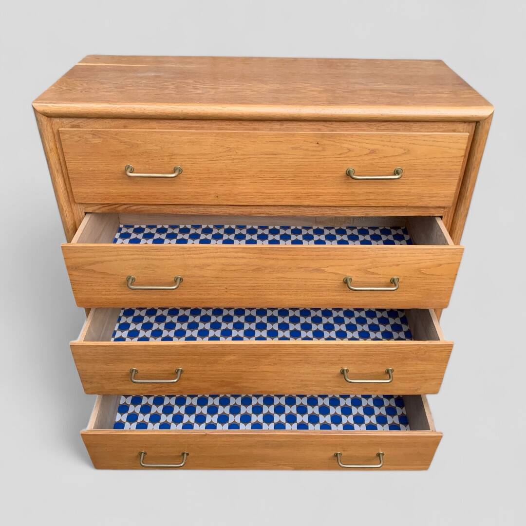 Vintage chest of drawers with compass feet, oak, original patina, 1950s
