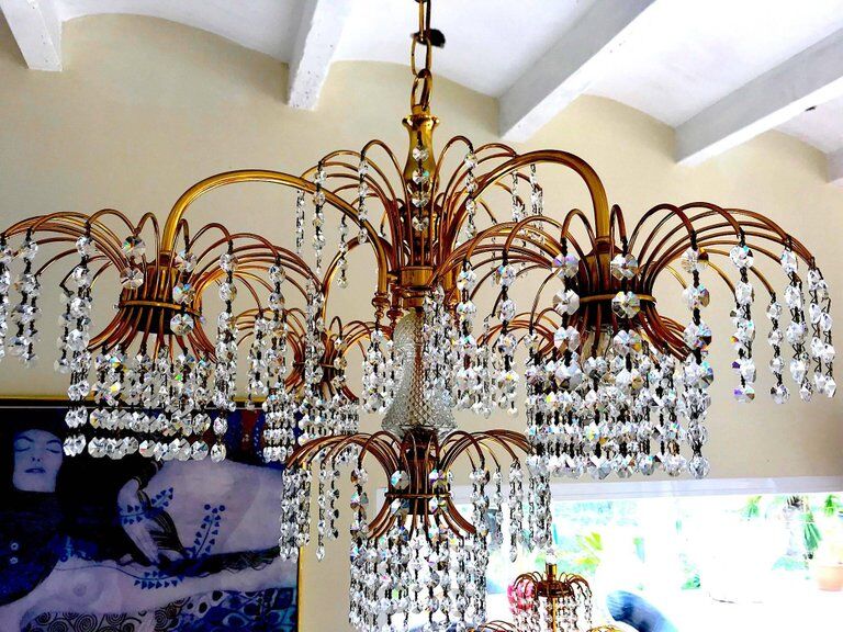 Chandelier crystal of Murano pagoda 1970 gold metal frame