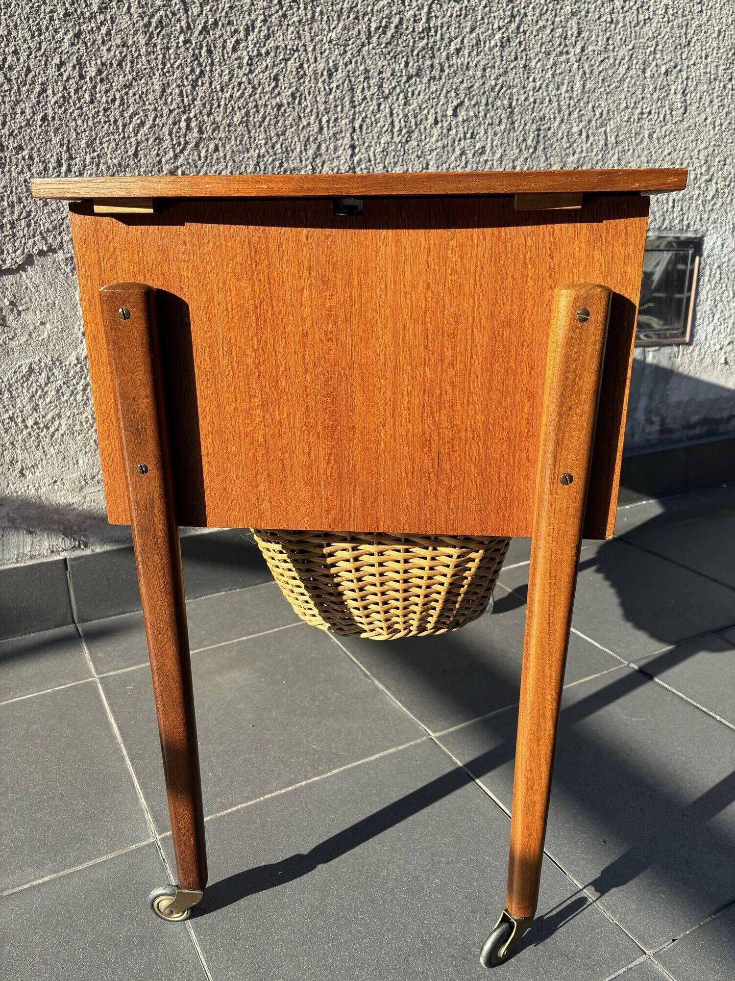 Danish teak sewing table with wicker basket, 1960s