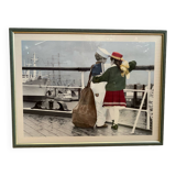 Old Color Print Sailor Children On The Naval Port + Green Wood Frame #B540