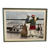 Old Color Print Sailor Children On The Naval Port + Green Wood Frame #B540