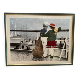 Old Color Print Sailor Children On The Naval Port + Green Wood Frame #B540