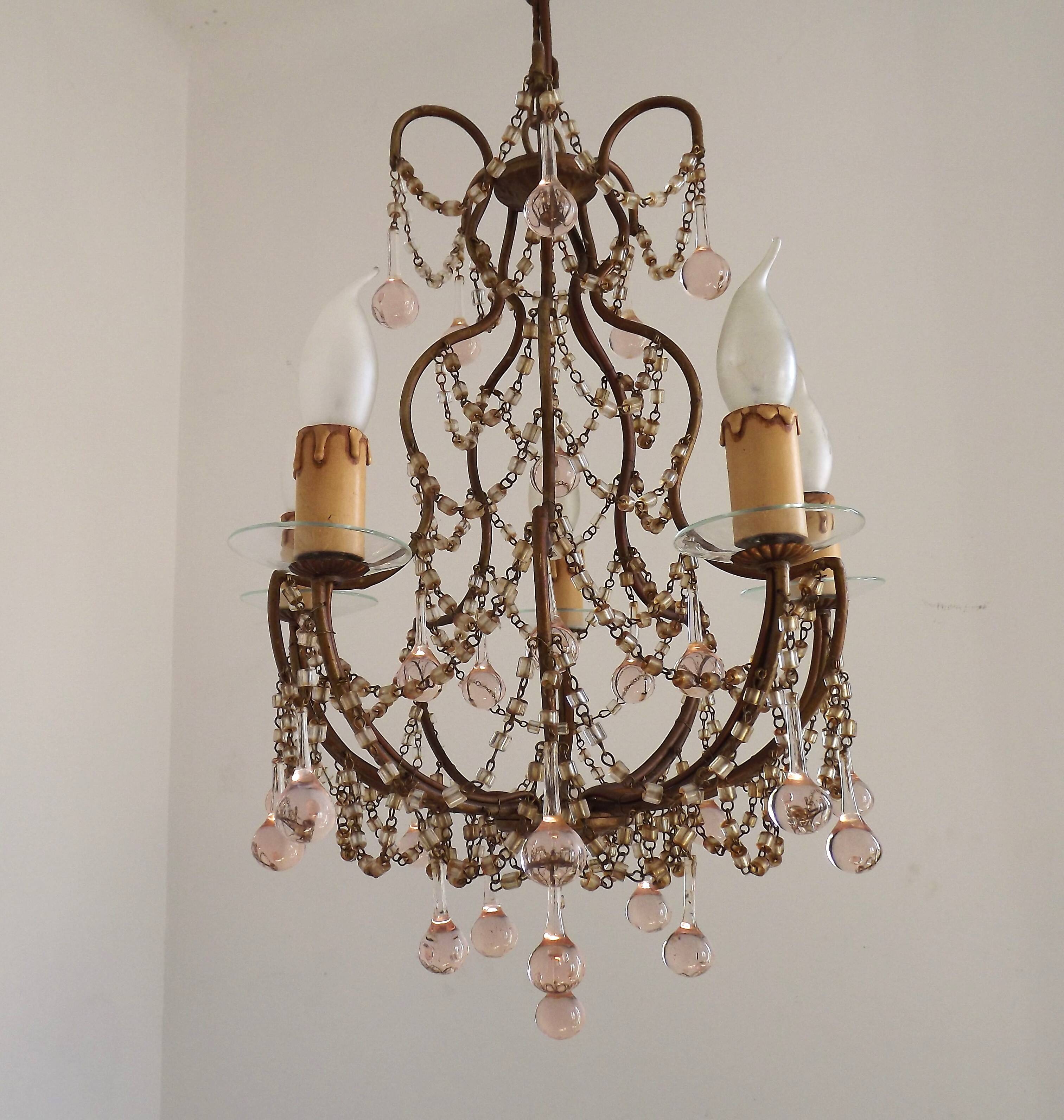 Vintage Italian 5 Arm Gilded Metal Cage Chandelier Beads &Pink Murano Drops