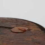 Brutalist French solid oak tripod stool with metal rim, 1850s