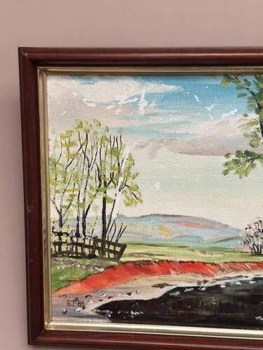 Mid-Century Oil on Panel “Water Canal” by He 84, Signed & Framed 33x23 cm