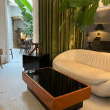Caramel leather and black glass coffee table