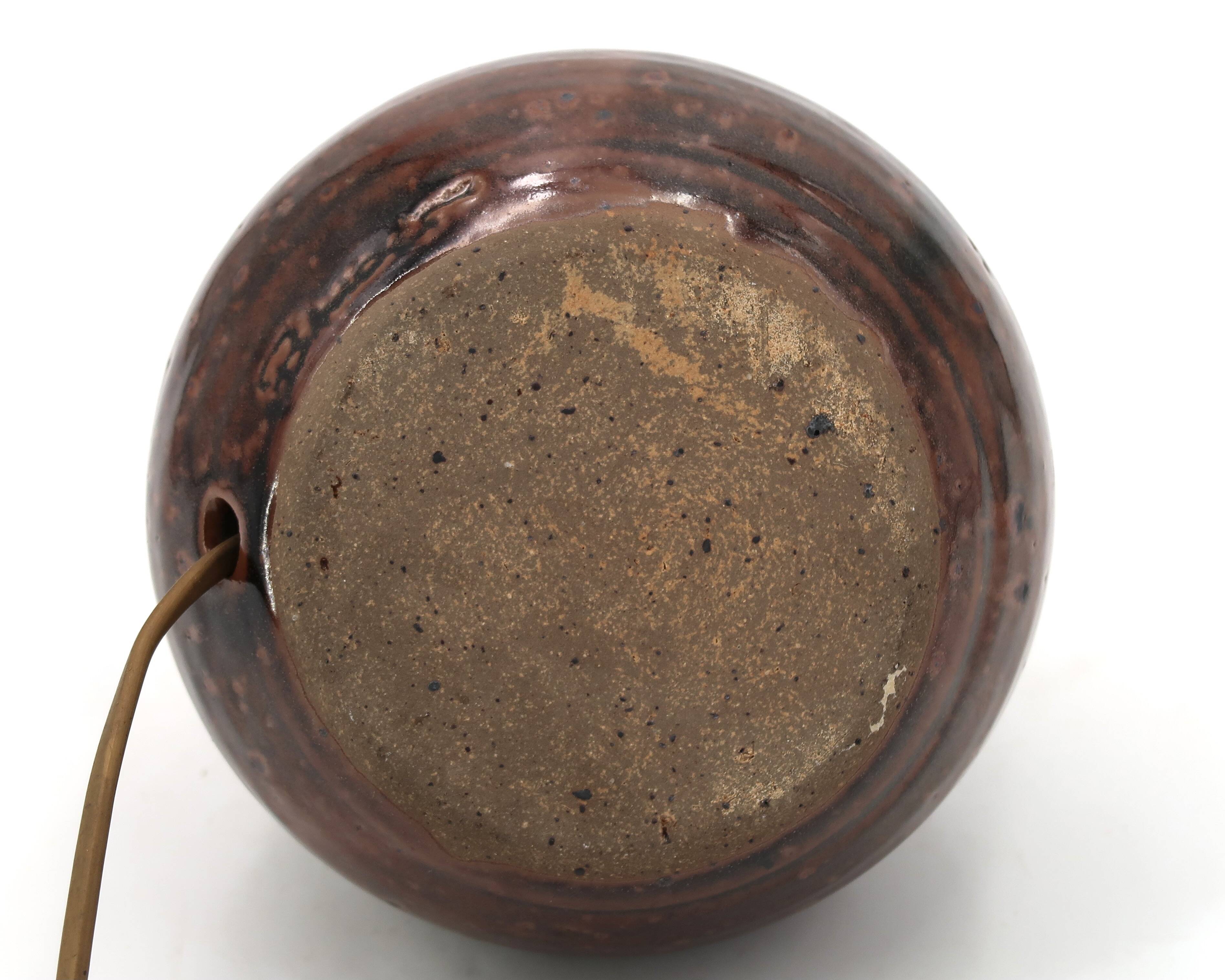 Dark brown stoneware ball lamp by Guy Baudat, 1970s