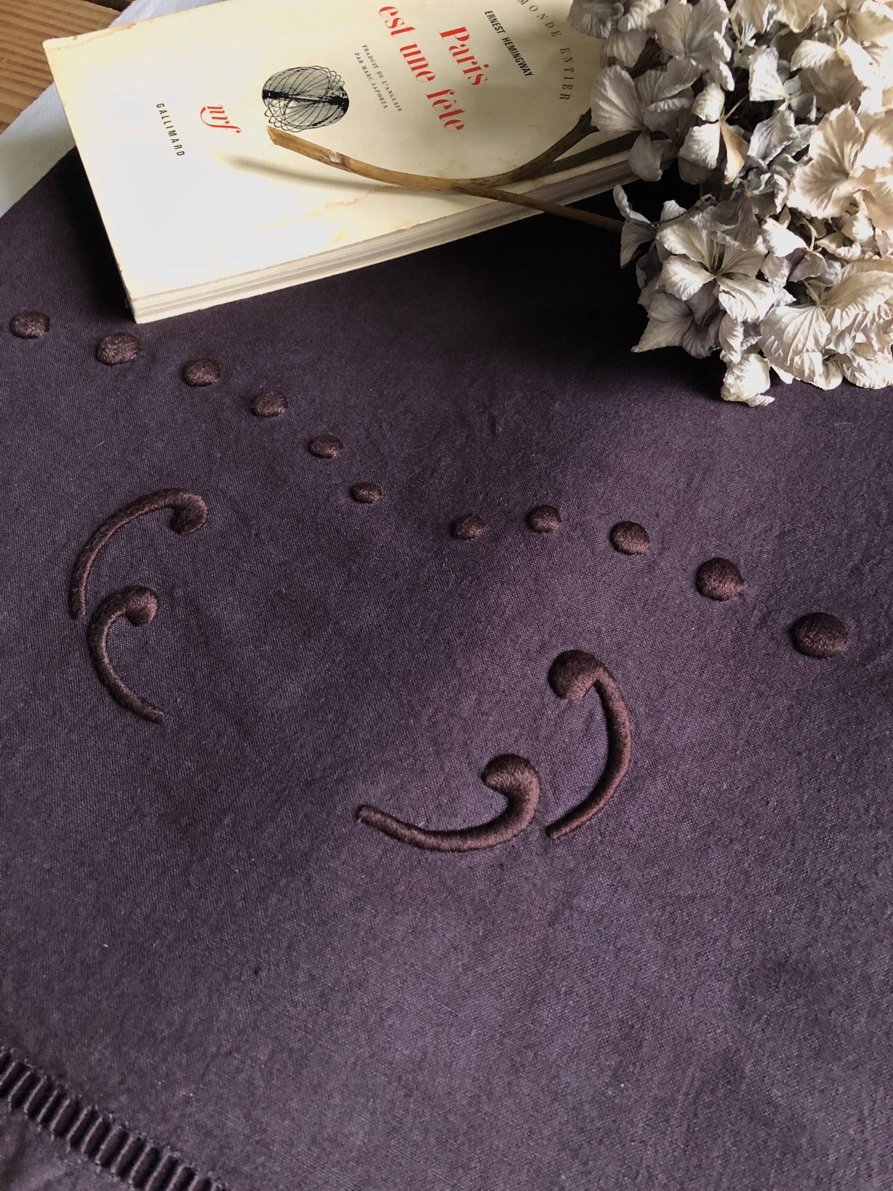 Old linen and cotton sheet tinted eggplant