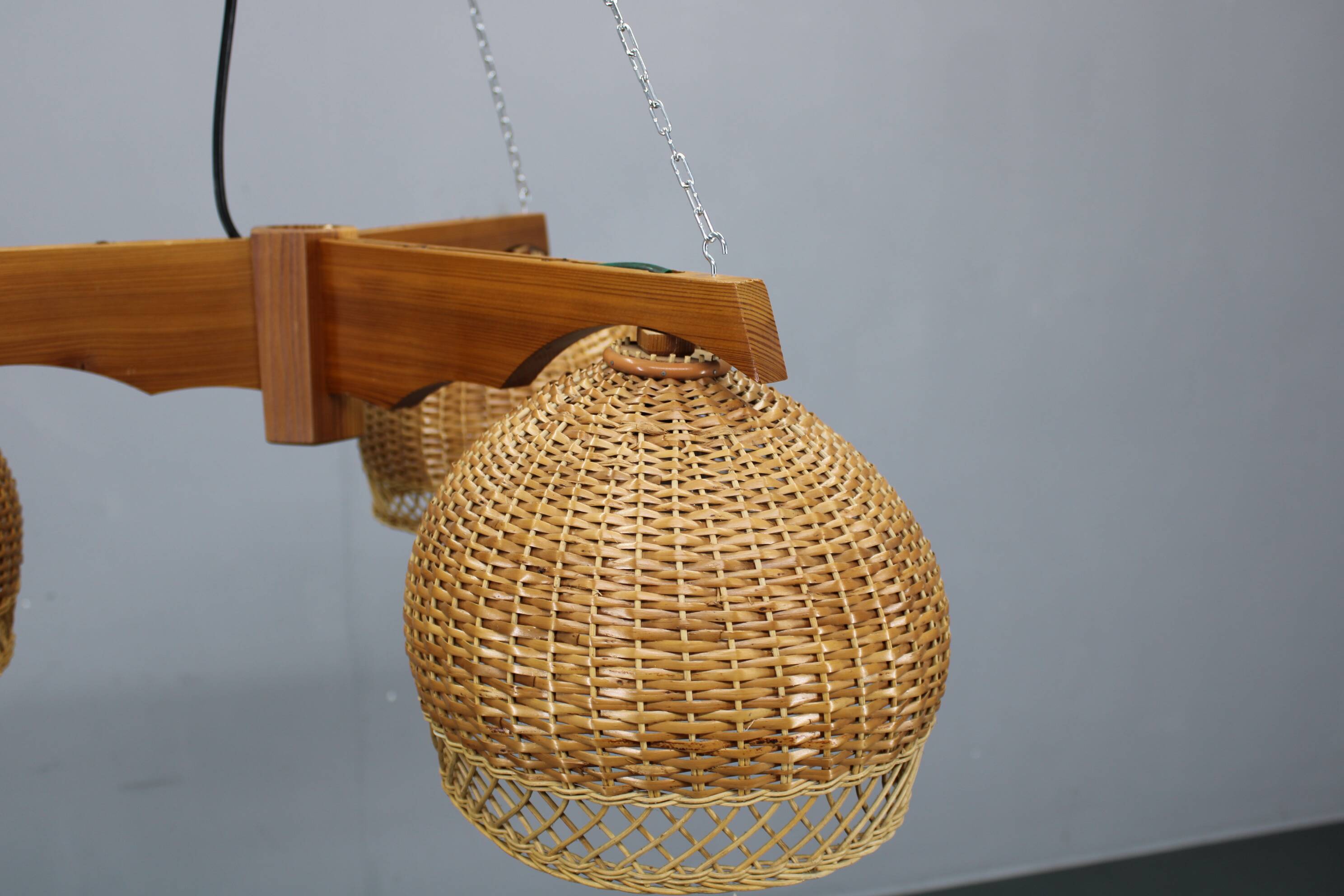 1970s Czechoslovakian rattan & pine pendant light, three-shade chandelier