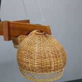 1970s Czechoslovakian rattan & pine pendant light, three-shade chandelier