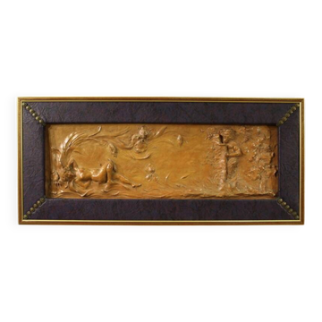 French terracotta bas-relief, Venus with Faun from the 20th century.