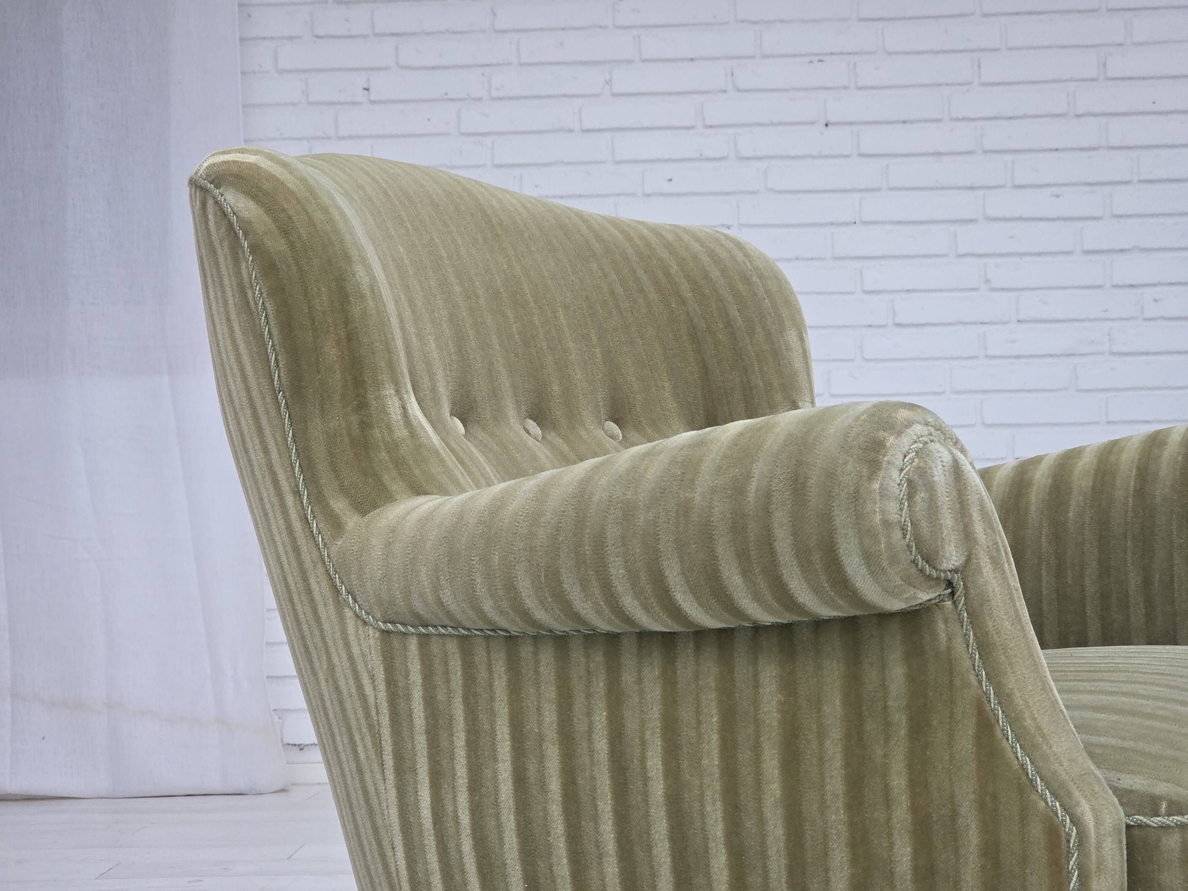 1960s, Danish armchair, original striped furniture velour, beech wood legs.