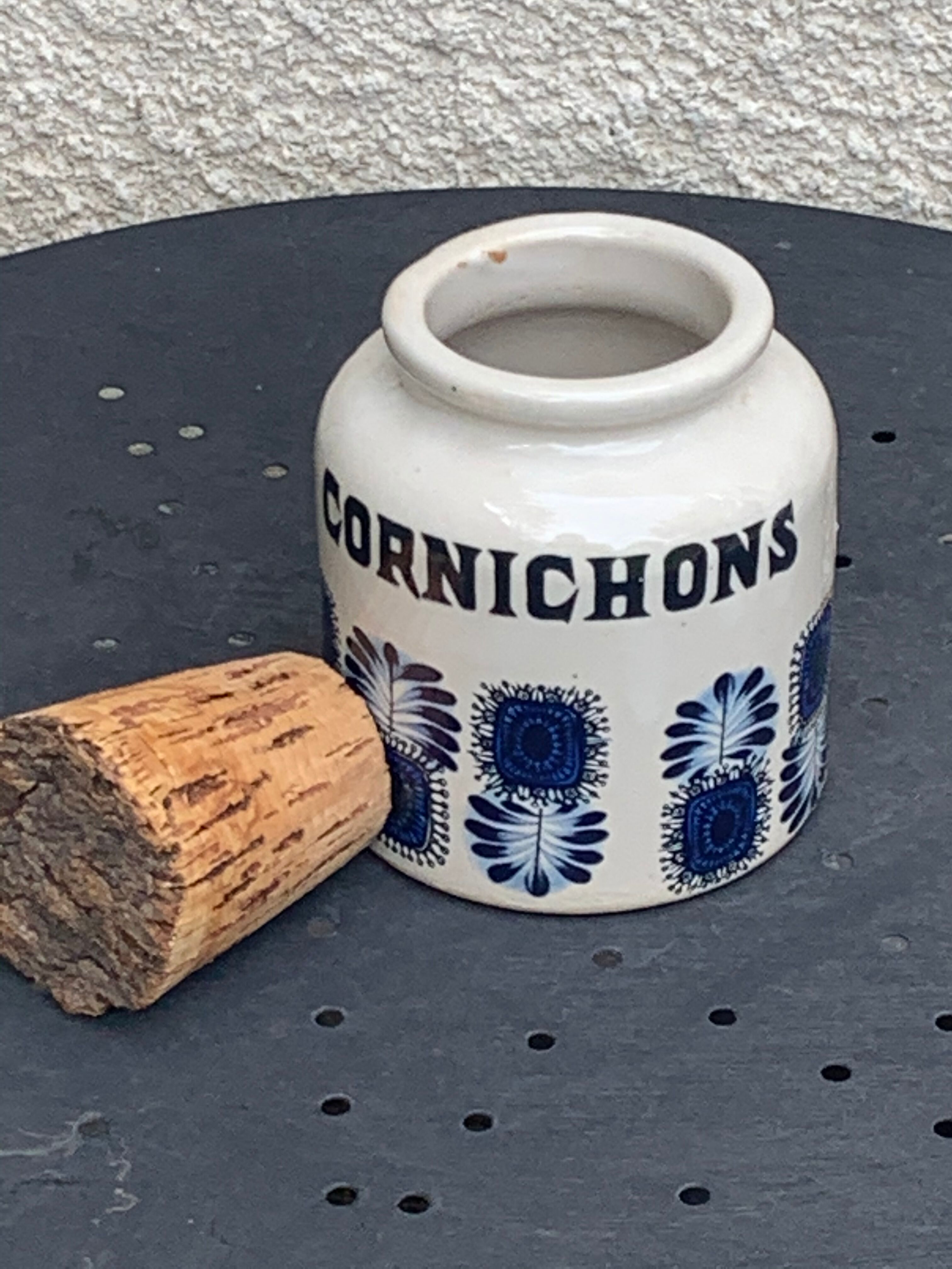 Grey sandstone pot with blue patterns and vintage liege cork 1970