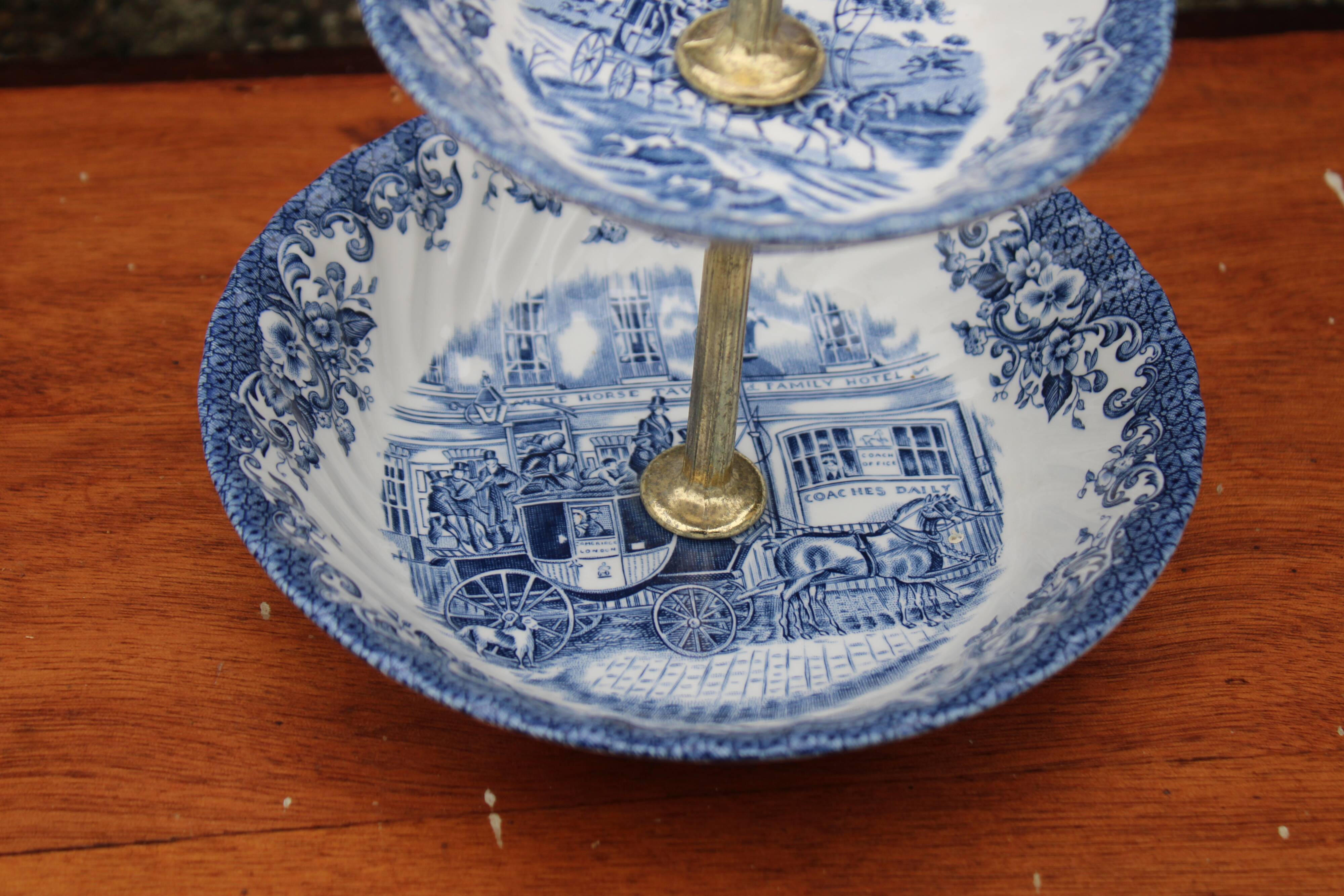 Johnson Bros. Two-Tier Serving Dish – “Coaching Scenes” – Blue English Earthenware