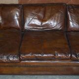 Restored leather mid-century modern low sofa