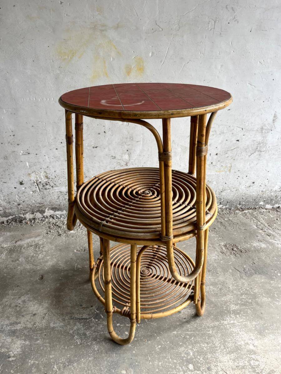 Set of 2 Natural Rattan and Glass Side Tables, 1960s Rohé Noordwolde Style
