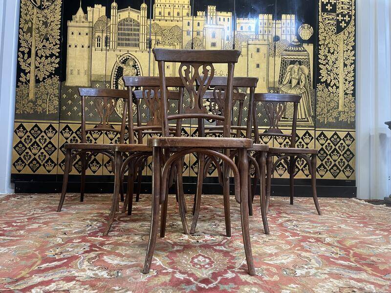 Set of 7 Baumann / Thonet / Fischel caned bistro chairs