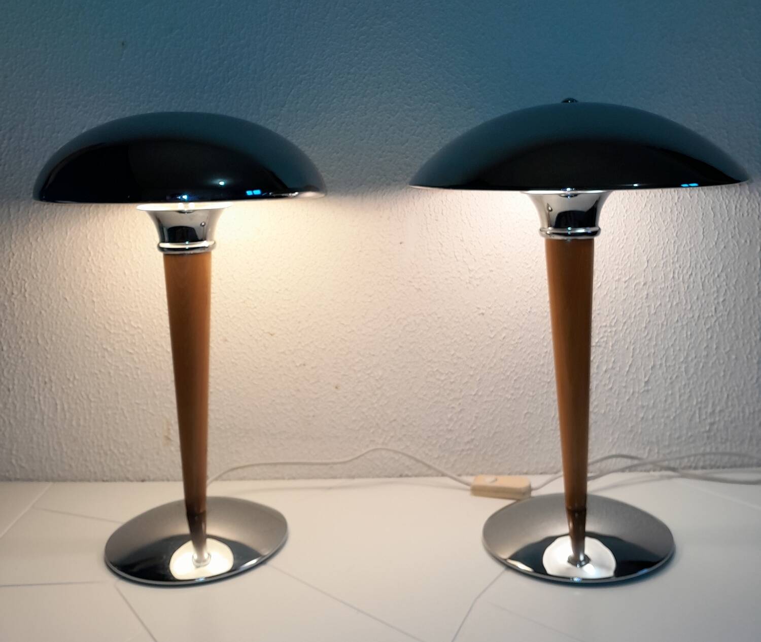 Pair of vintage 1980s wood and chrome ocean liner lamps