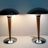 Pair of vintage 1980s wood and chrome ocean liner lamps