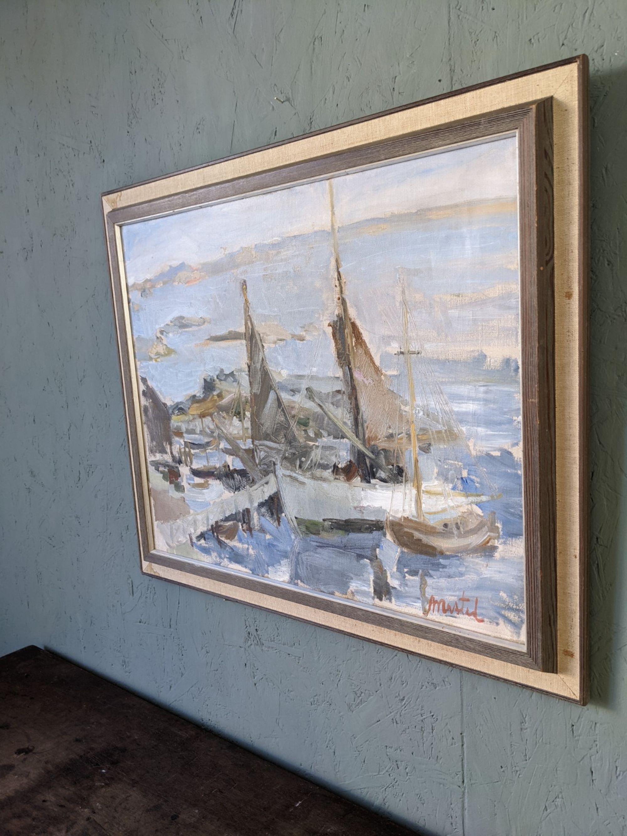 Mid-century modern swedish "archipelago boats" vintage seascape, framed oil painting
