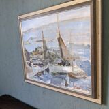 Mid-century modern swedish "archipelago boats" vintage seascape, framed oil painting