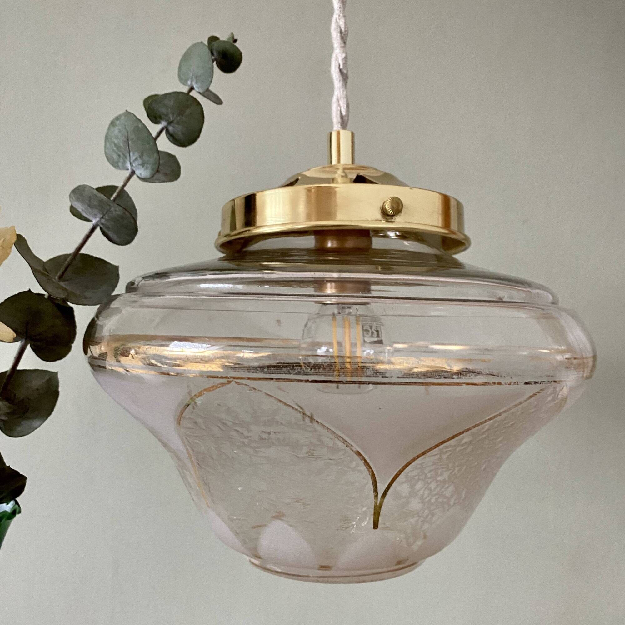 Vintage art deco globe pendant lights in white and gold frosted glass